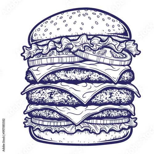 Grunge texture A detailed illustration of a large doubledecker cheeseburger with lettuce and cheese on a sesame seed bun Vintage Style