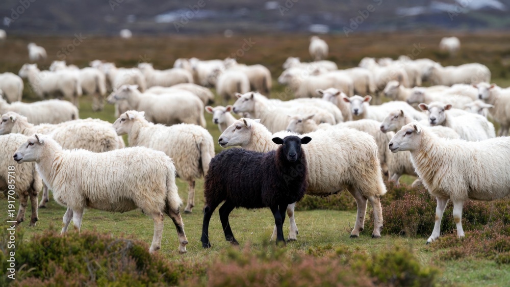 Fototapeta premium Black sheep among white sheep in scenic pasture landscape.