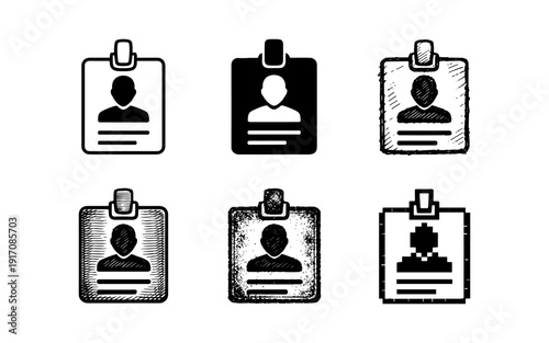 Collection of diverse badge icons representing identification and access in various artistic styles