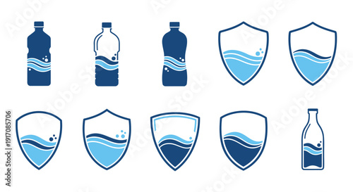 Set of 8 water bottle shield icons vector
