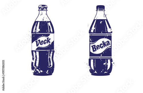 Grunge texture Two vintage soda bottles with custom labels on white background  Veck and Becka bottles side by side Vintage Style