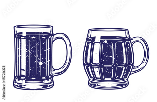 Grunge texture Two vintagestyle beer mugs with handles on white background  illustration of drinking glasses Vintage Style