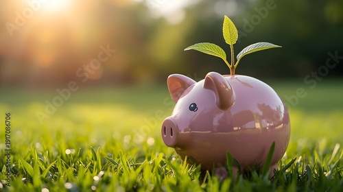 Pink piggy bank with green plant growing out of it, symbolizing eco-friendly saving and financial growth in nature, representing sustainable banking and investment for a greener future.