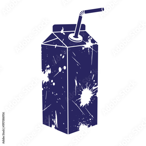 Grunge texture Dark blue cartoon juice box with straw on white background  illustration of beverage carton Vintage Style