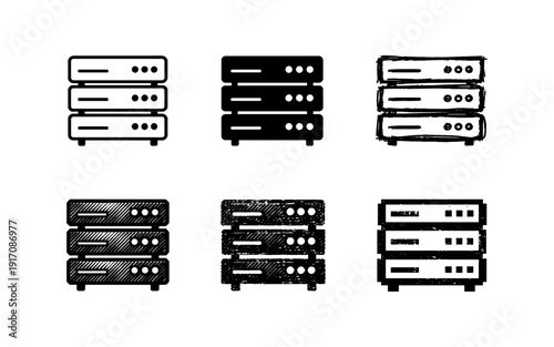 Six monochrome server rack icons in solid, outline and sketch styles for web, UI and tech apps