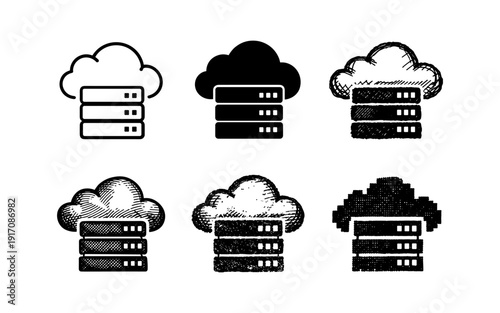 Collection of cloud server icons in various artistic styles for digital storage concepts