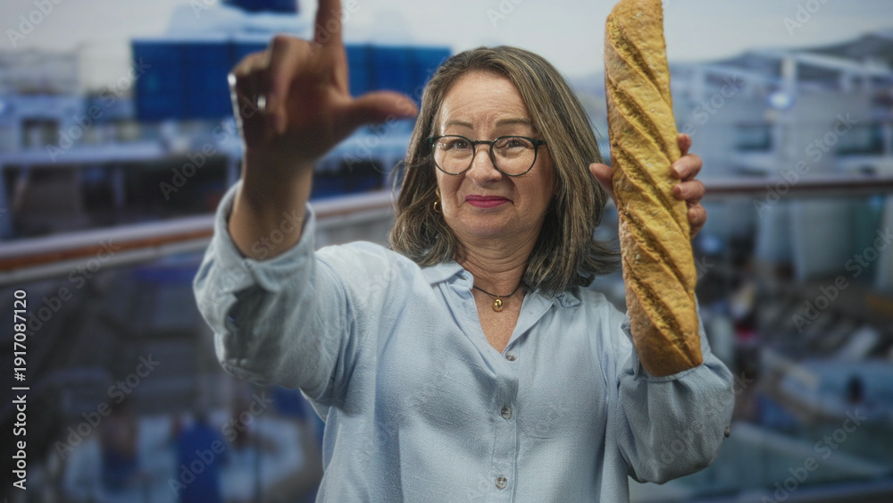 Fototapeta premium Hispanic senior woman holding a baguette and pointing with index finger while making an l gesture at airport gate; playful defiance.