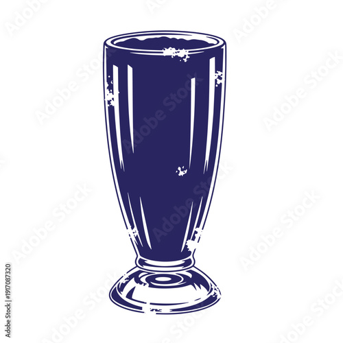 Grunge texture Dark blue illustration of a tall glass with a wide base and white highlights on a white background Vintage Style