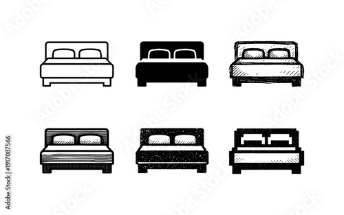 Collection of six different bed icons in various styles and textures for design use