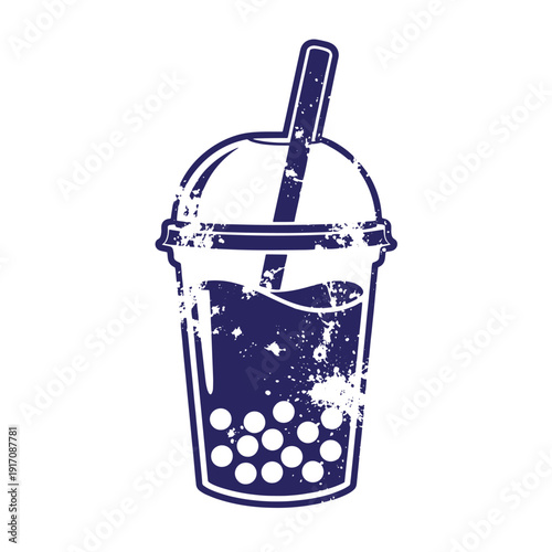 Grunge texture Distressed illustration of a boba tea cup with straw and bubbles  a popular drink Vintage Style