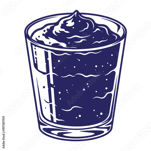 Grunge texture drawing of a glass cup of chocolate pudding with whipped cream on top Vintage Style