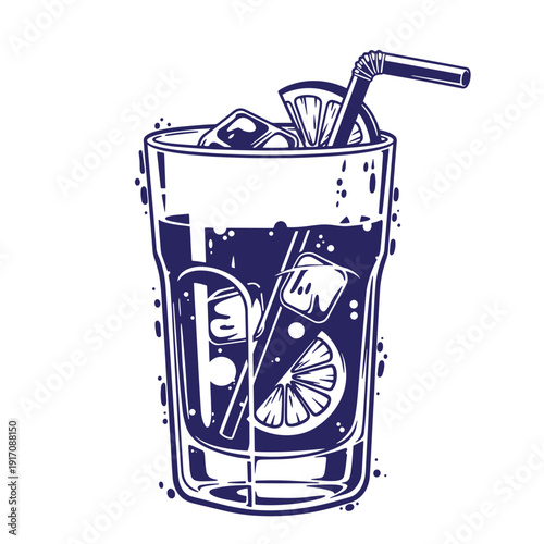 Grunge texture Glass of refreshing cold drink with lemon slice and ice cubes and straw  a tasty beverage Vintage Style