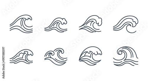 Ocean wave line icon set. Includes various wave styles and shapes. Created in minimalist line style with black and white color palette.