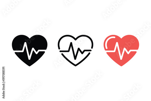Set of three heart icons displaying electrocardiogram line for cardiac health.