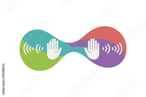 Two hands exchange energy waves across colorful, connected abstract shapes.