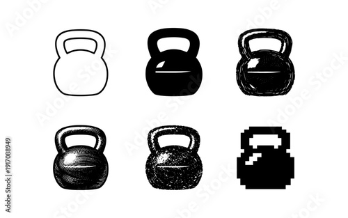Collection of kettlebell icons in various artistic styles and resolutions