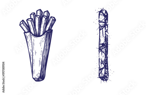 Grunge texture french fries in paper bag and grunge baguette bread illustration  two food items Vintage Style