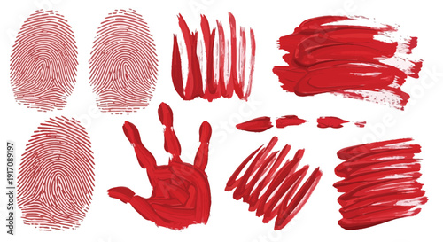 Red paint brush strokes and handprint vector collection. Includes smears, swipes, and smudges. Created in abstract style with red palette.