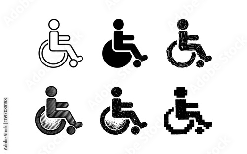 Collection of diverse wheelchair accessibility symbols in various artistic styles
