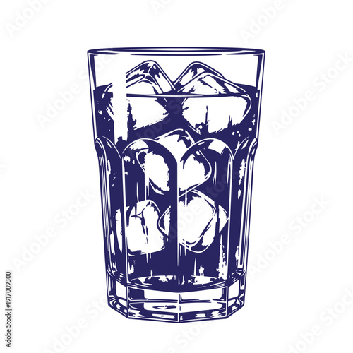 Grunge texture Illustration of a short glass filled with ice cubes on white background  simple still life Vintage Style