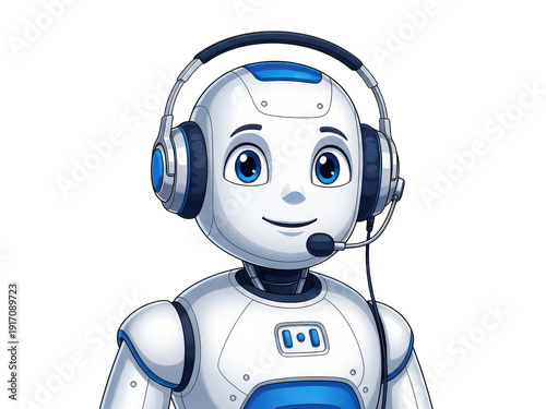 A robot wearing a headset with a microphone
