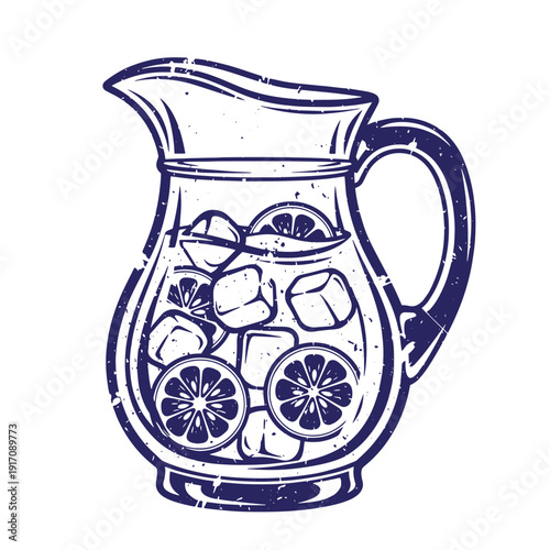 Grunge texture Vintage style illustration of a pitcher filled with ice cubes and slices of lemon  refreshing summer drink Vintage Style