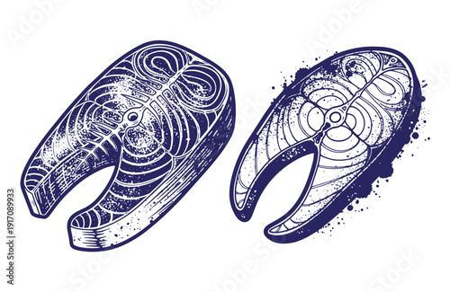 Grunge texture navy blue whale tails with artistic patterns and splatters on white background  decorative elements Vintage Style