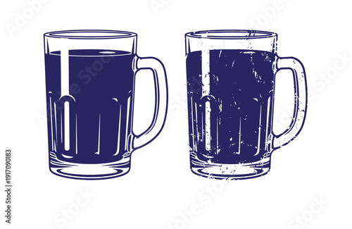 Grunge texture Two beer glasses with dark liquid and handles on white background  drinking concept Vintage Style