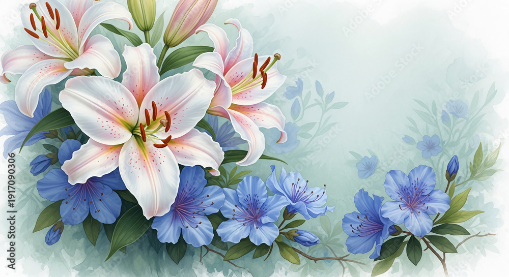 Obraz premium Floral arrangement with white lily and blue flower, watercolor style, presenting purity and delicate beauty, suitable for botanical concept