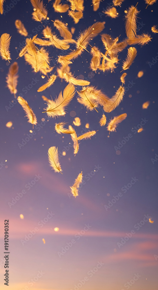 Naklejka premium Image shows golden feathers falling against a gradient blue and pink sky, conveying lightness, freedom, and dreamy feeling, suited for spiritual concepts