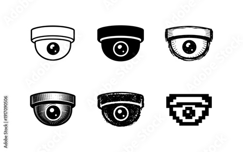 Collection of diverse security camera icons in various artistic styles and resolutions