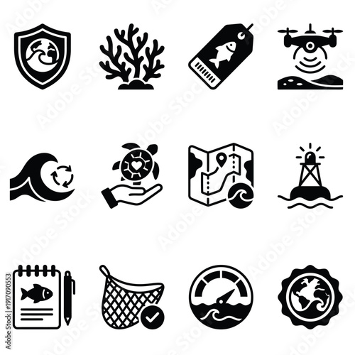 Marine Conservation Icon Set featuring Ocean Protection, Sea Life Rescue, Coral Reef Care, Sustainable Fishing, and Ecology Symbols