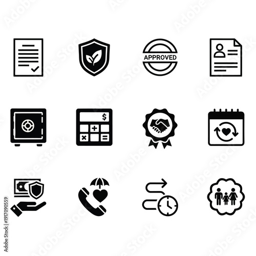 Funeral Insurance and Life Policy Icon Set featuring Protection Shields, Financial Planning, Document Approval, and Family Security