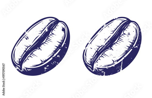 Grunge texture Two coffee beans in a vintage style illustration with a distressed texture on a plain white background Vintage Style