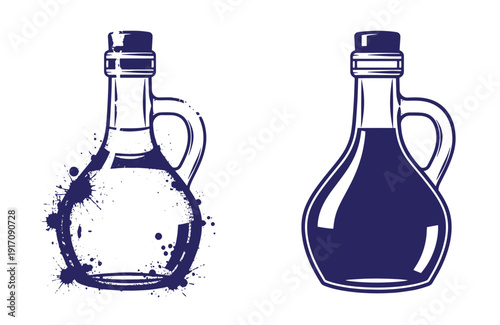 Grunge texture Two dark blue illustrations of glass bottles with handles and stoppers one clear with splashes and one filled with dark liquid on white background Vintage Style