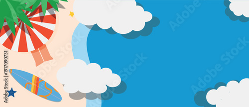 Clean summer seaside scene with sandy shore, blue water and tropical accents. Minimal flat design with copy space for branding, travel promotions, social media and seasonal campaigns.