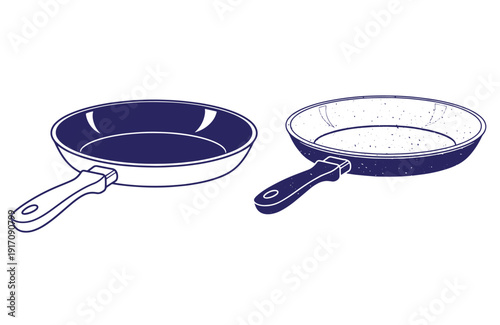 Grunge texture Two empty frying pans side by side with different designs and handles on white background Vintage Style