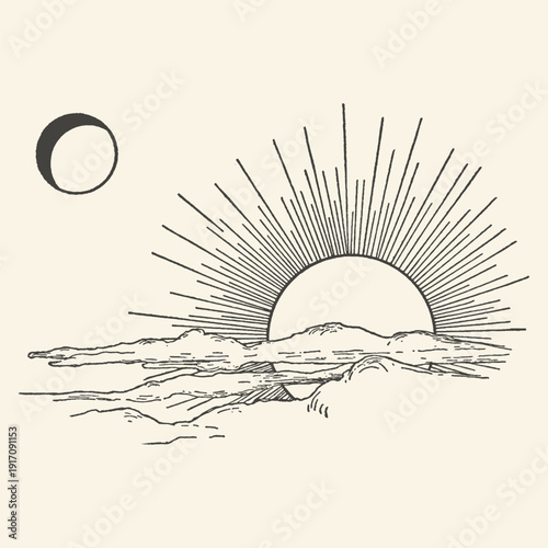 Poetic Vintage Engraving of a Radiant Sun Rising Over Mountains with a Crescent Moon in the Sky, symbolizing Day and Night Harmony and Celestial Beauty.