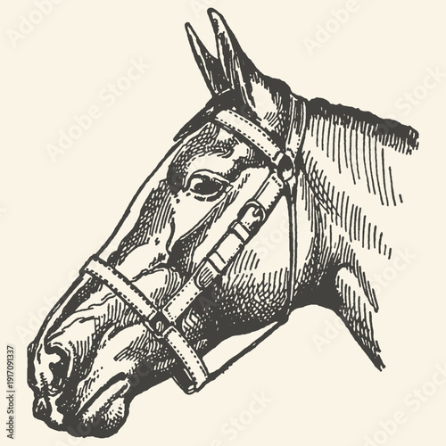 Elegant Vintage Engraving of a Horse's Head Wearing a Detailed Leather Bridle, Emphasizing Equestrian Gear and Animal Beauty.