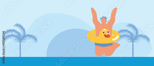 Tropical summer vacation scene with swimmer, palm trees and calm ocean atmosphere. Modern flat illustration with copy space for travel ads, resort promotions, tourism branding and seasonal design.