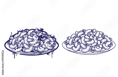 Grunge texture two plates of curly pasta on white background  food illustration Vintage Style