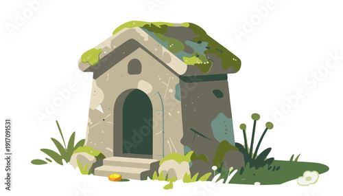 Simple stone shrine in serene rural field on a transparent background