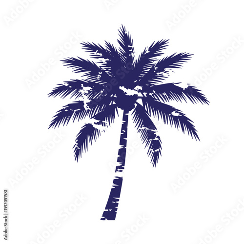 Grunge texture A dark blue silhouette of a palm tree with a tall trunk and leafy branches against a white background Vintage Style