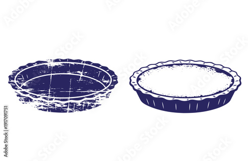 Grunge texture Two vintage pie crusts in distressed illustration style on white background  baking elements Vintage Style