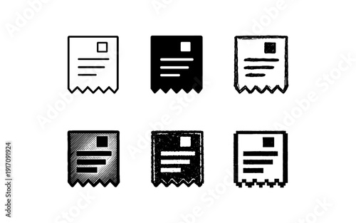 Collection of receipt icons in various artistic styles for diverse design needs