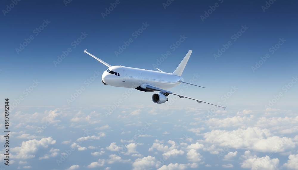 Fototapeta premium Commercial jet airplane flying high above fluffy clouds in a clear blue sky, symbolizing travel and freedom