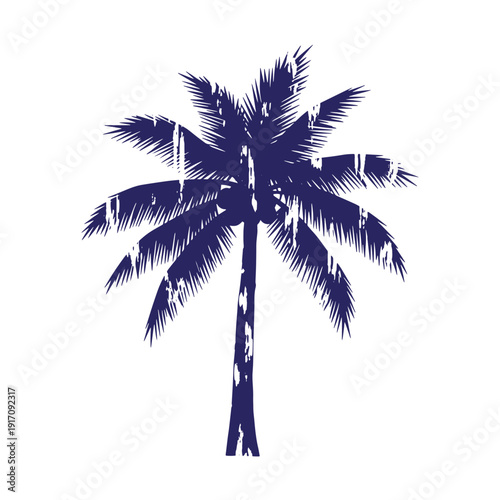Grunge texture Blue palm tree silhouette on white background  tropical tree with long leaves and trunk Vintage Style