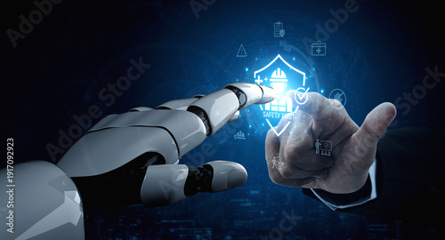 An AI assistant monitors a worksite to enforce the 'Safety First' policy. This smart system ensures compliance with occupational safety standards and prevents workplace risks. Fermion