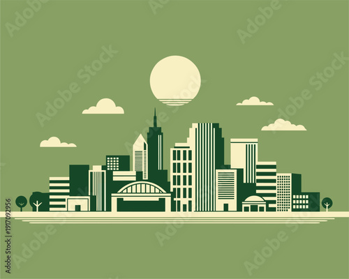 Urban Skyline Illustration, Cityscape, Minimalist Design, Midday Sun, Digital Art