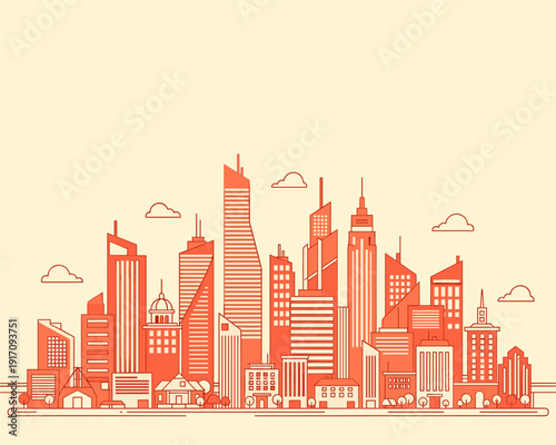 Urban Skyline Illustration, Modern Architecture, City Landscape, Digital Art, Sunset View, Vibrant Colors
